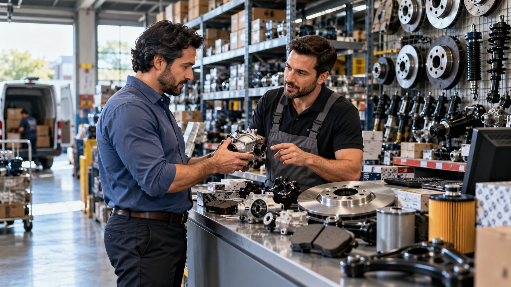 Man in an apron hands a metal part to a customer, discs and filters behind