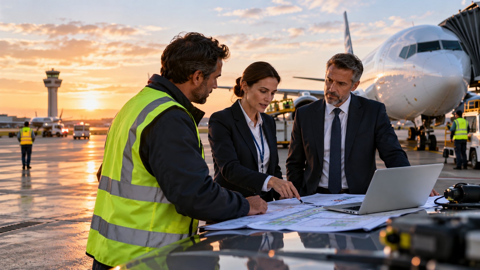 Three study drawings and a laptop on a case beside a parked aircraft at sunrise