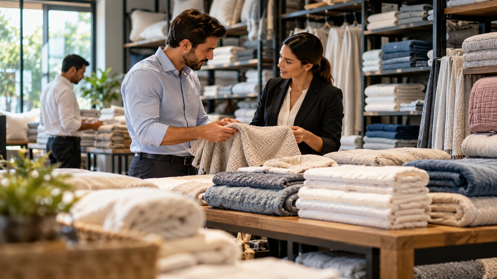 Man shows a cream knitted throw to a woman over a table piled with folded linens