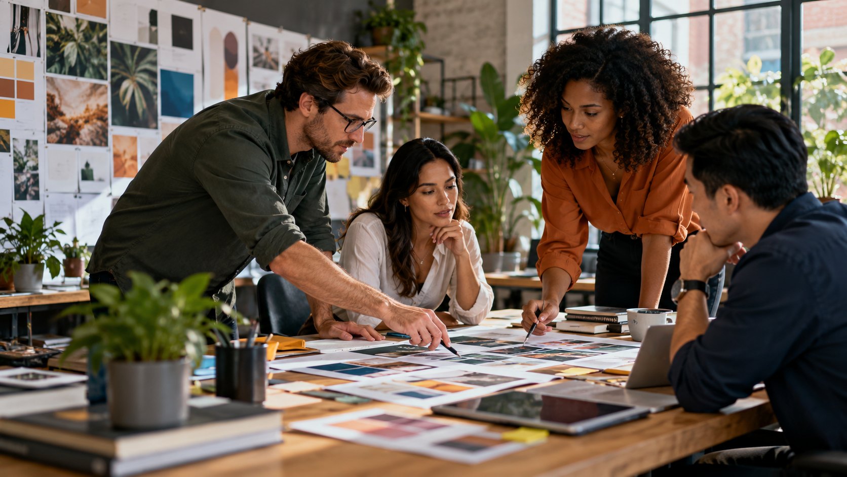 Man in glasses leans over printed layouts as three colleagues watch, pinned prints along the wall