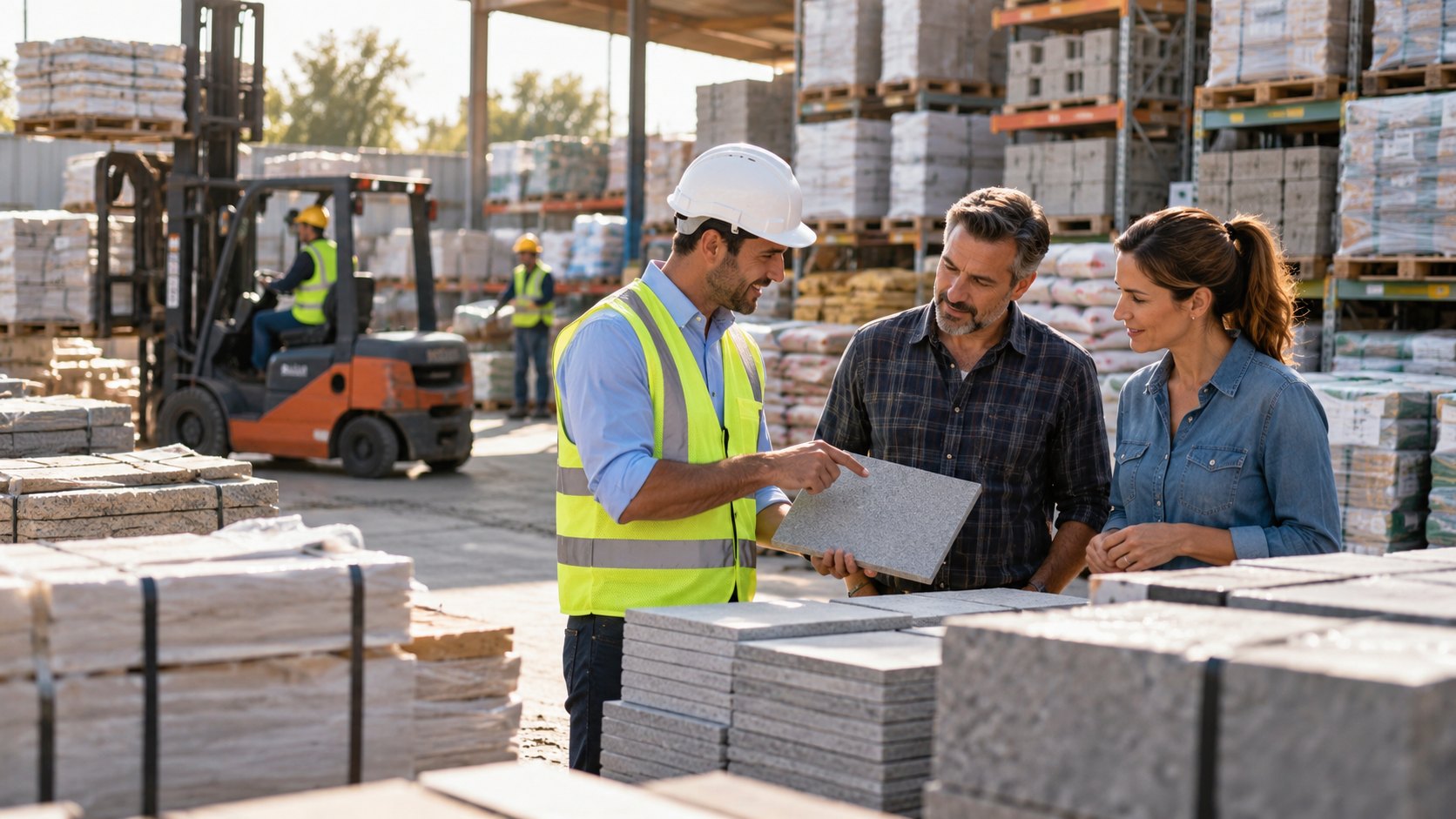 Worker shows a grey paving slab to a couple among stacked slabs and bagged material