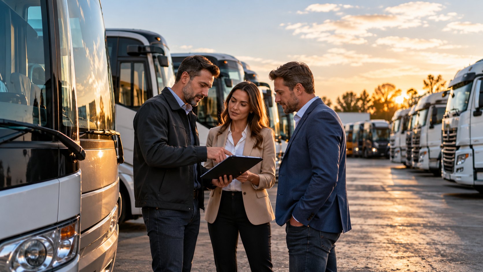 Three stand with a clipboard between parked coaches and trucks on a yard at sunset
