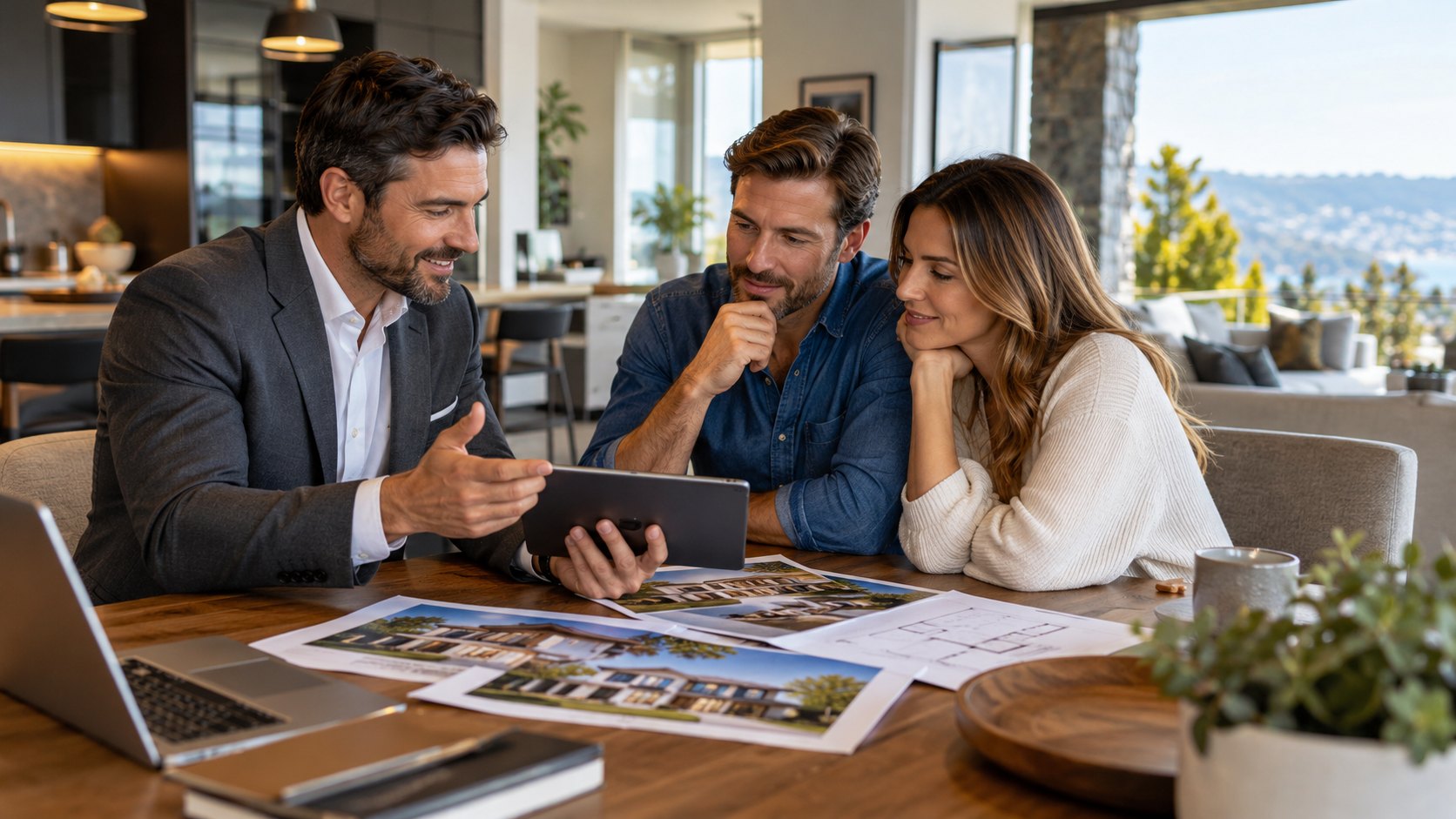 Man shows a tablet to a couple over printed house brochures, hillside view through the window