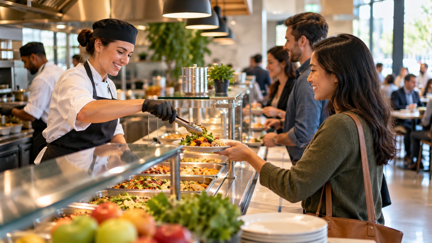 Smiling cook serves food onto a customer's plate at the counter, fruit bowls in foreground