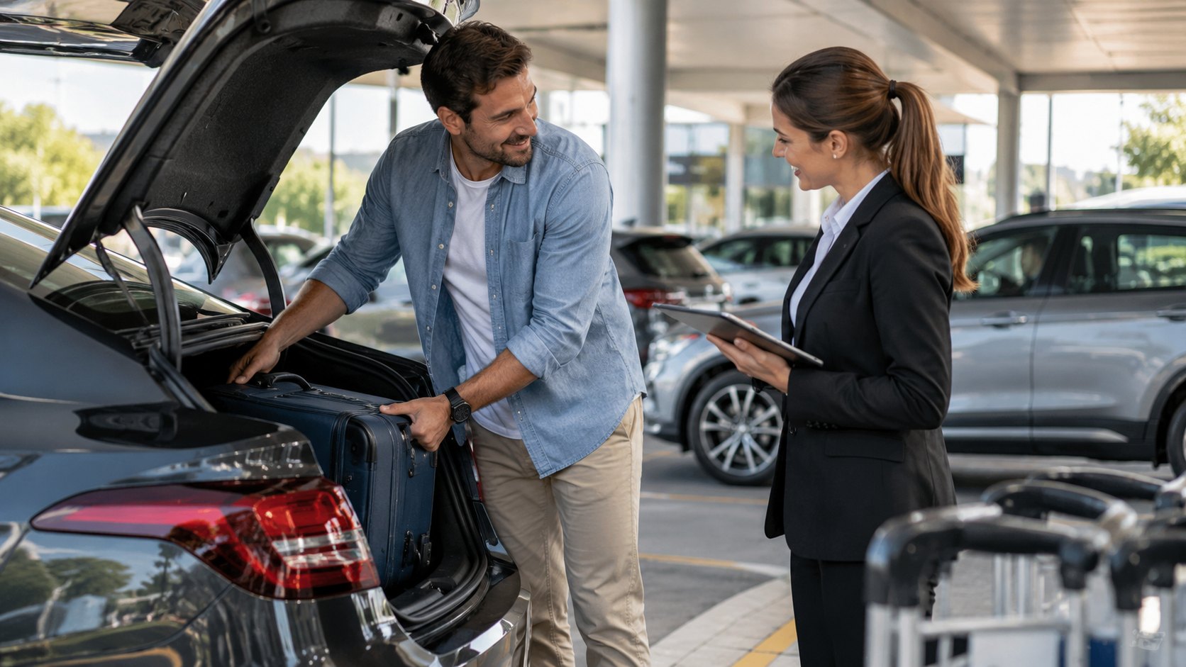 Man in blue shirt lifting a suitcase into an open boot, woman holding a tablet