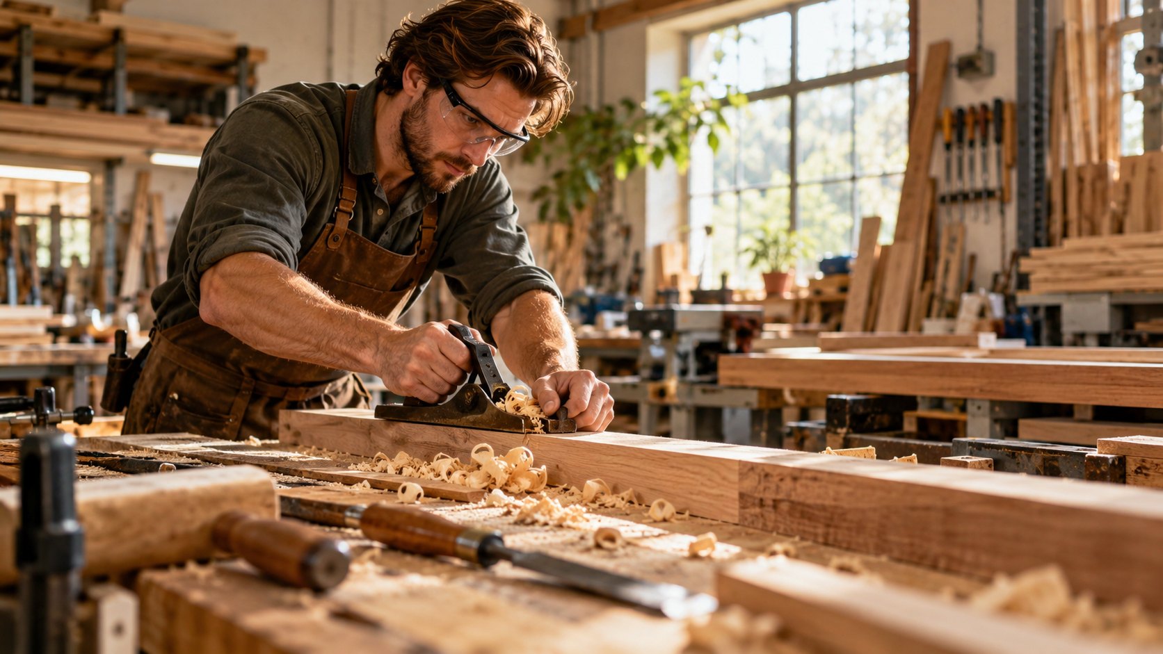 Man in a leather apron planing a timber board, curled shavings piled across the bench