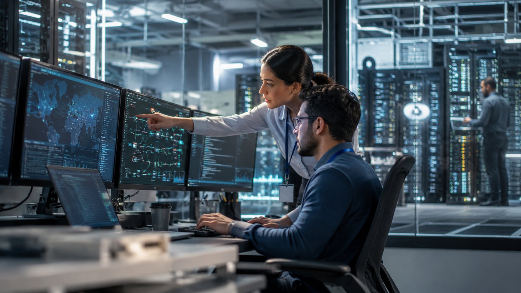 Woman pointing at code on monitors while a seated man types, server racks behind glass