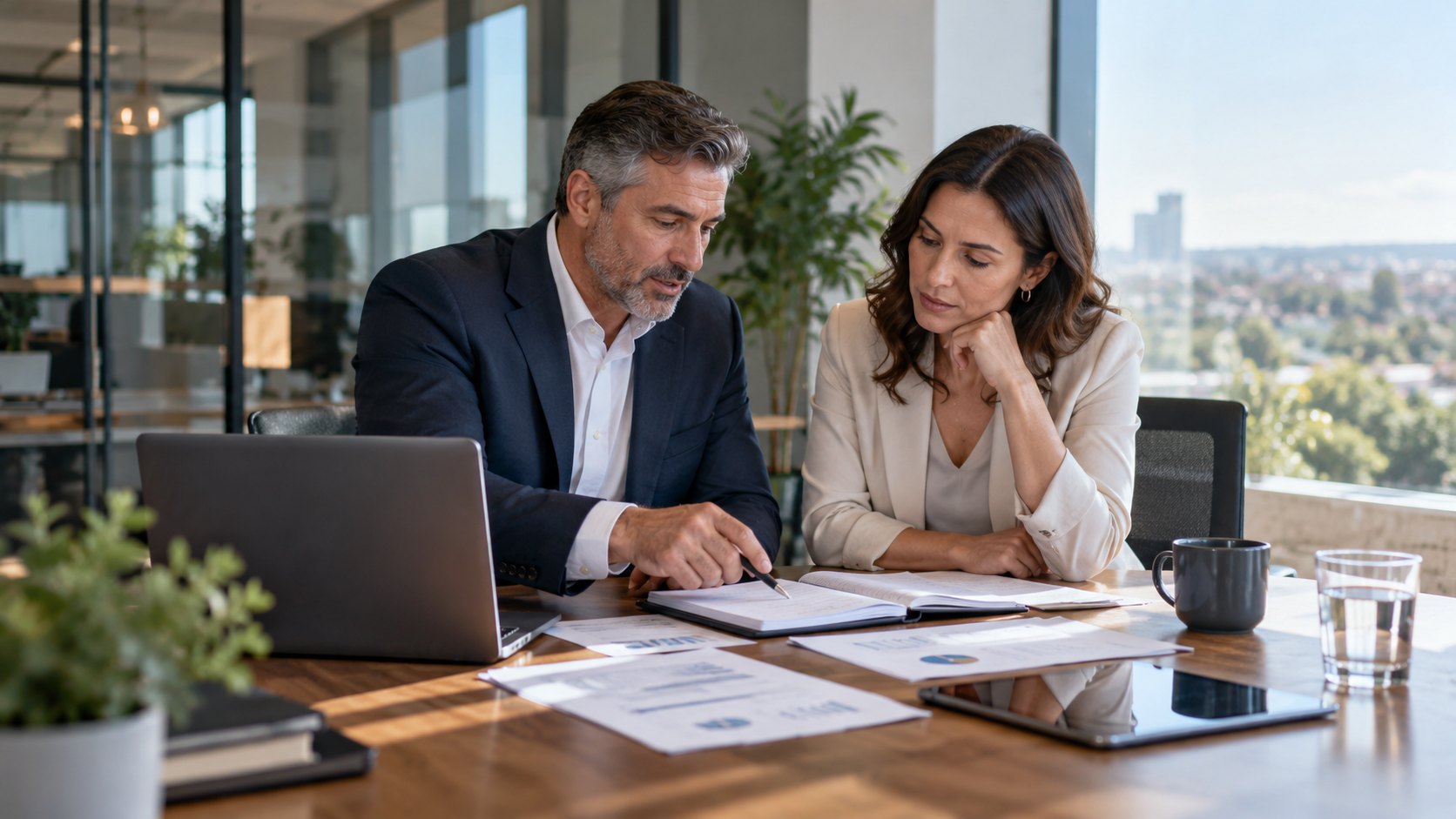 Grey-haired man and a woman reading papers together at a table, laptop and mug beside them