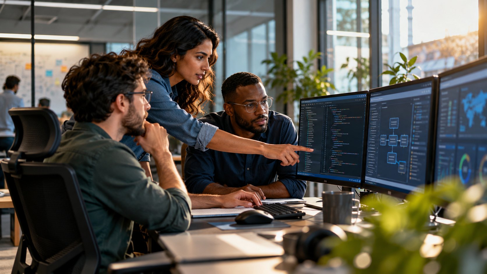 Woman pointing at a monitor of code while two seated men watch, plants and windows behind