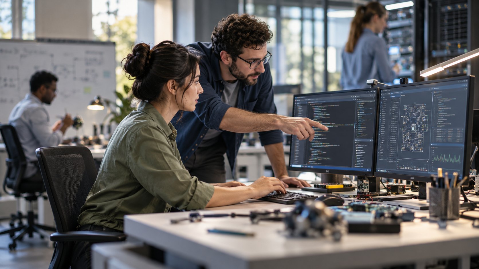 Standing man points at code on a monitor beside a seated woman, circuit boards on desk