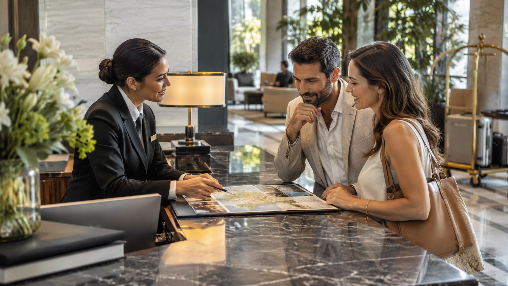 Woman in black uniform showing a map to a seated couple across a polished marble counter