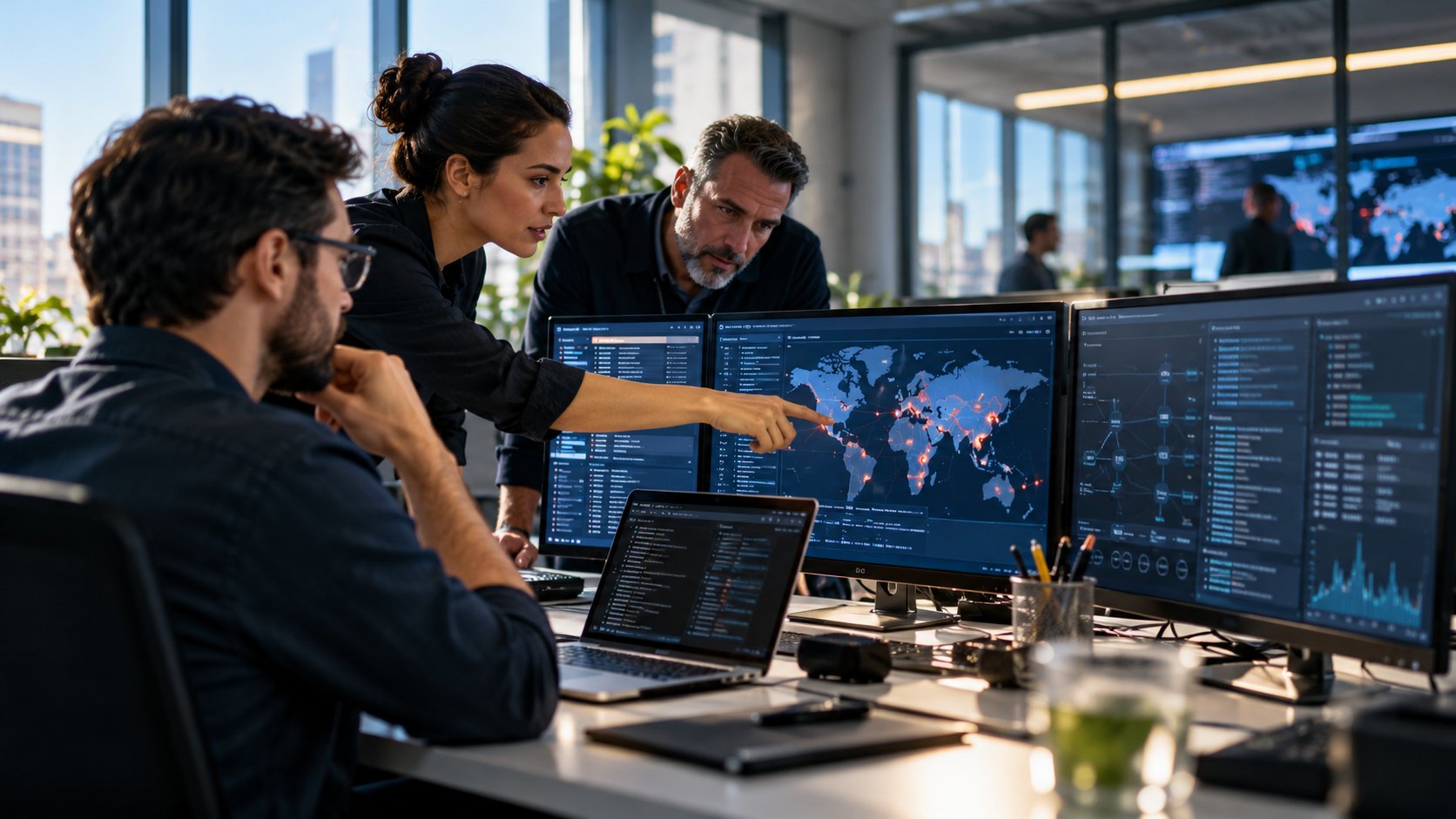 Woman reaching across to touch a monitor of world maps and data, two men watching beside