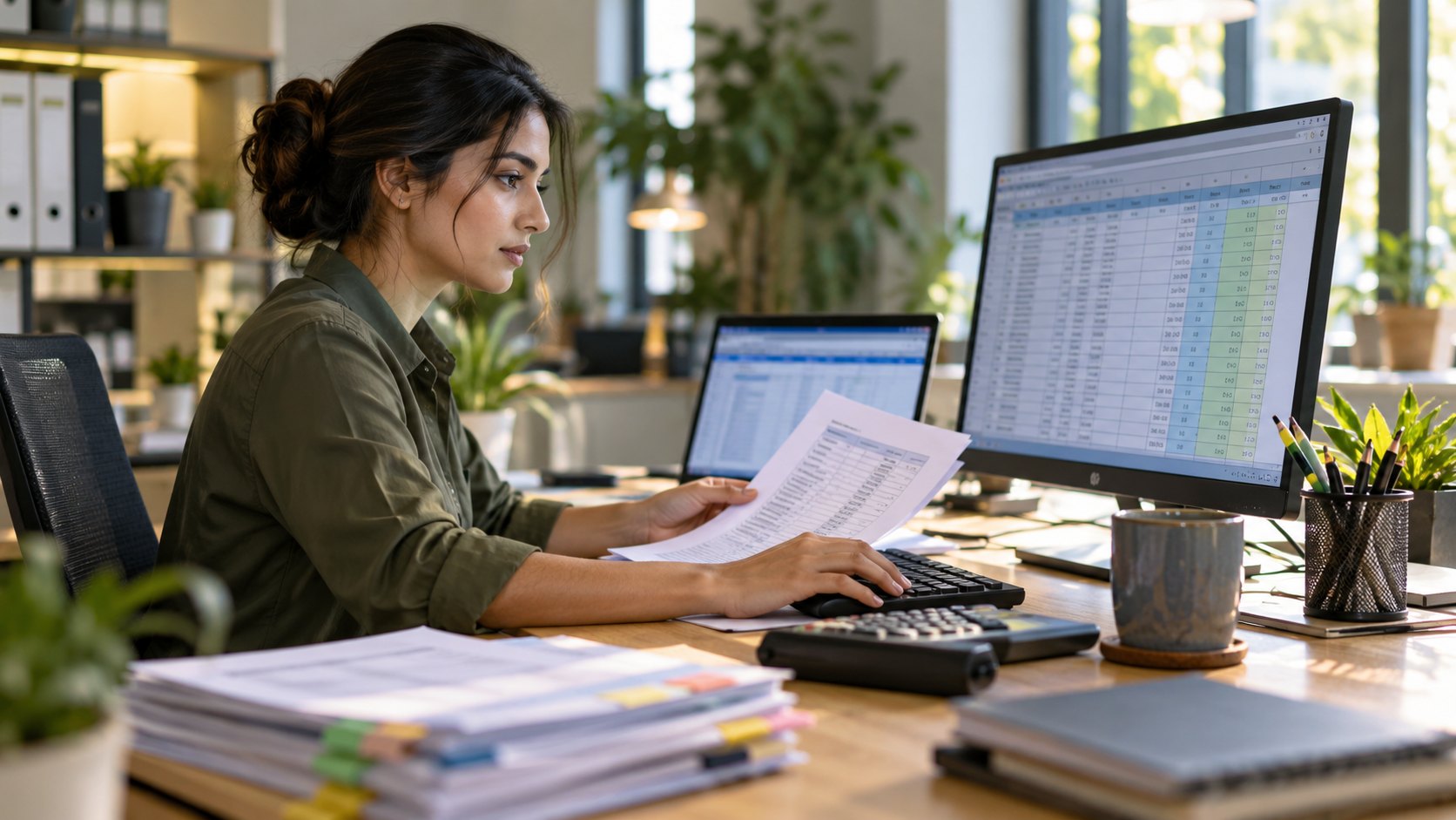 Woman holding printed sheets beside a monitor of spreadsheets, calculator and paper stacks on the desk