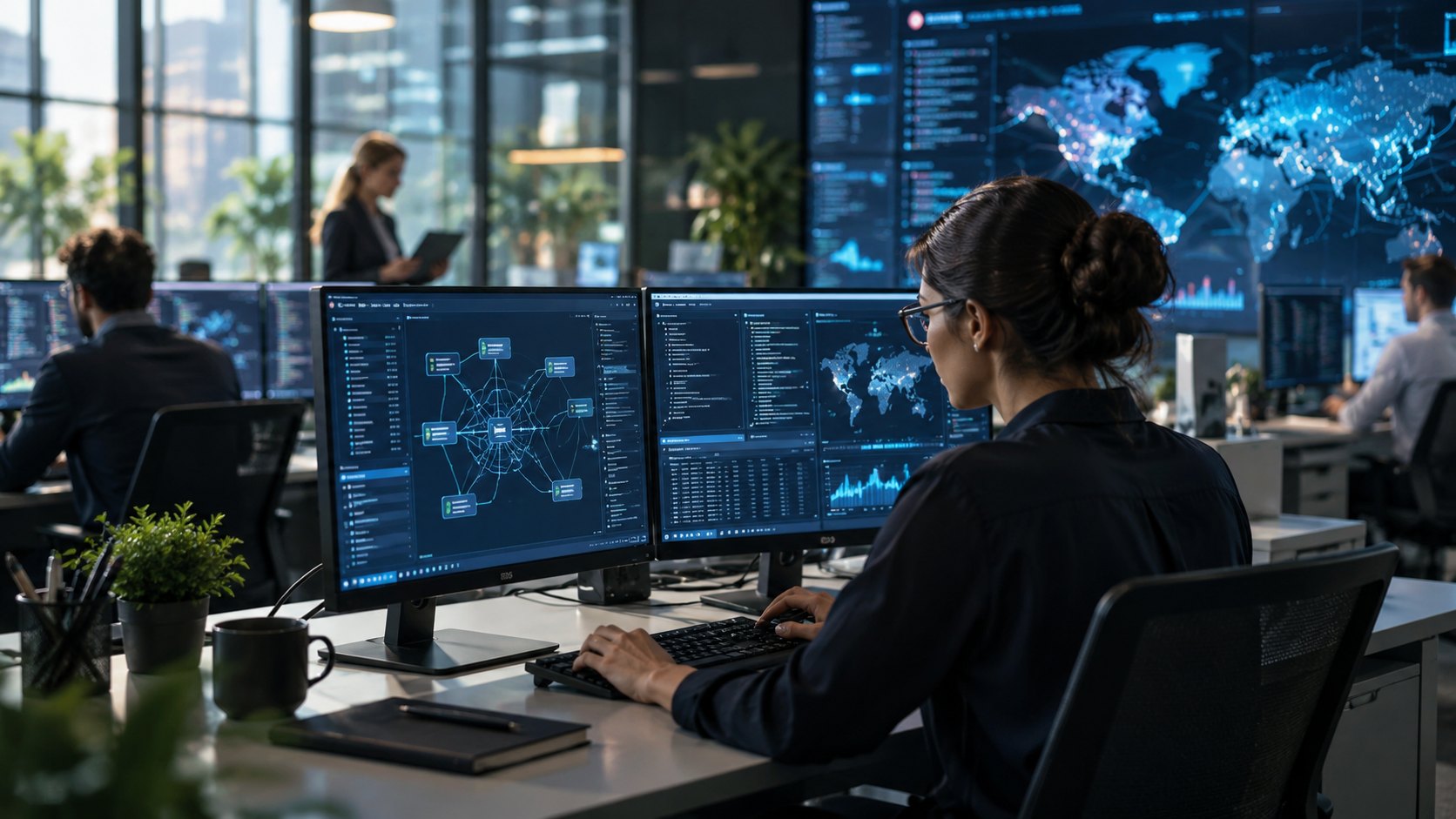 Woman typing at two monitors of dashboards, a large blue globe display on the wall behind