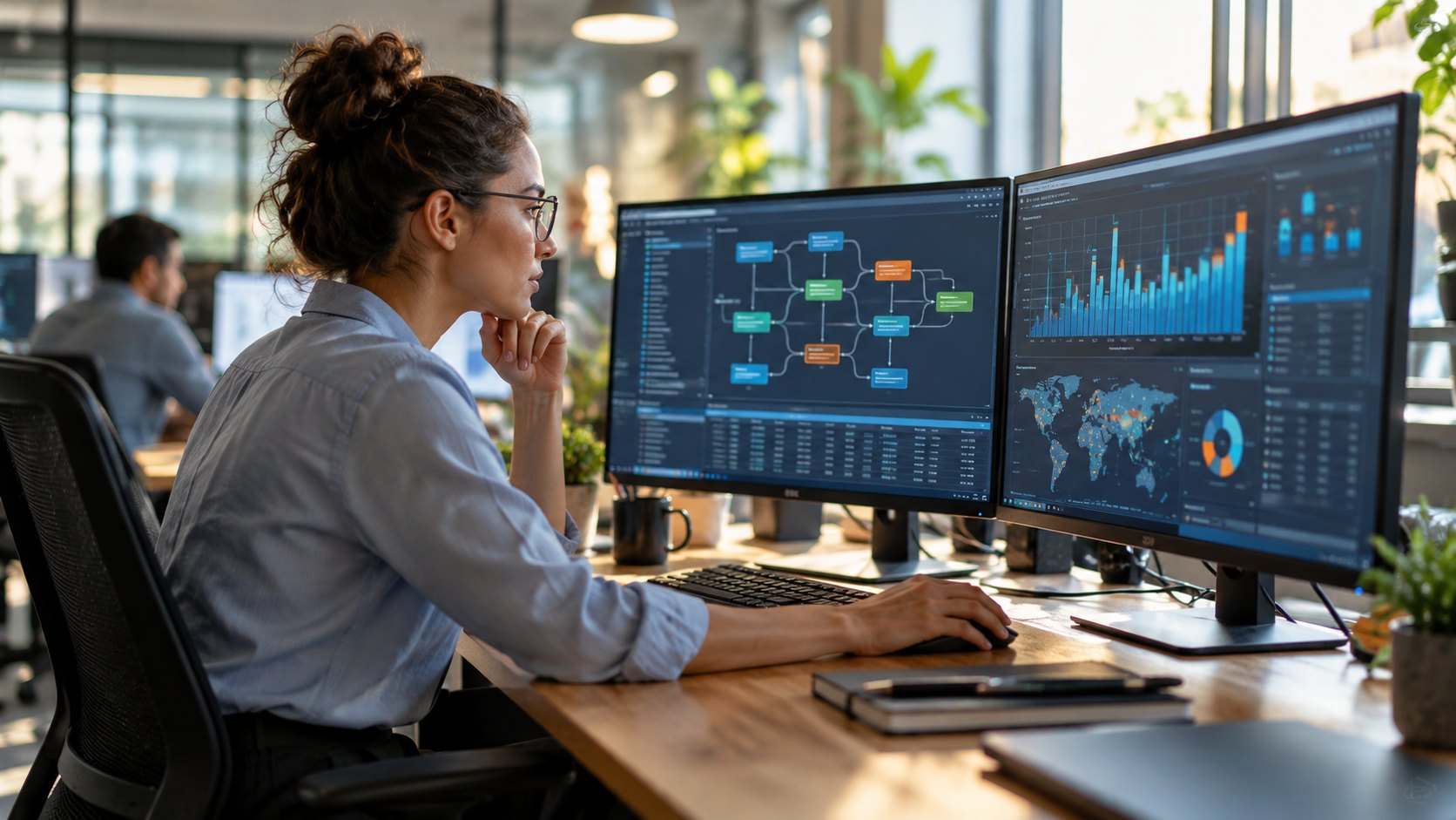 Woman at a desk studying two monitors showing a flow diagram, bar charts and world maps