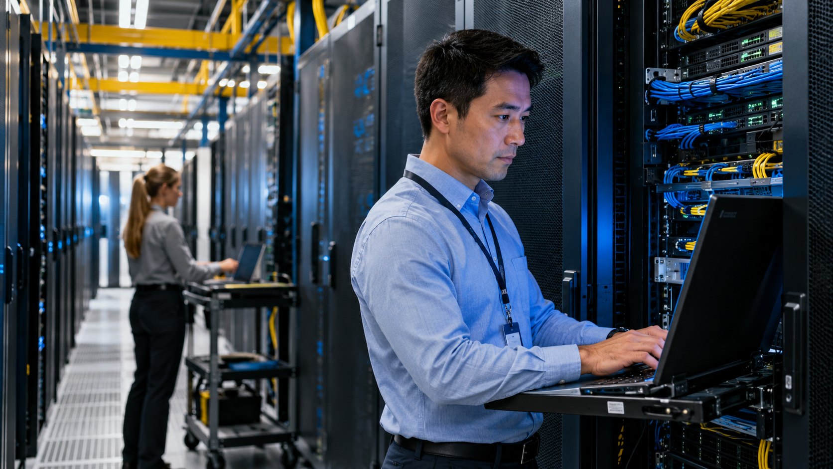 Man with a lanyard typing on a laptop at an open rack of cabling, woman beyond