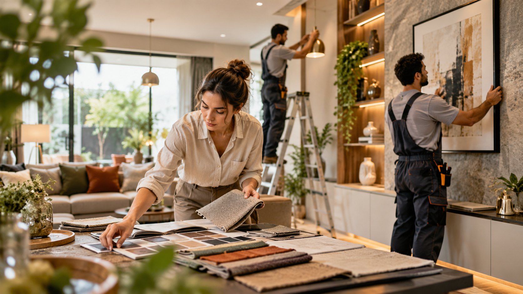 Woman studying fabric and stone samples on a table while two men hang a framed picture