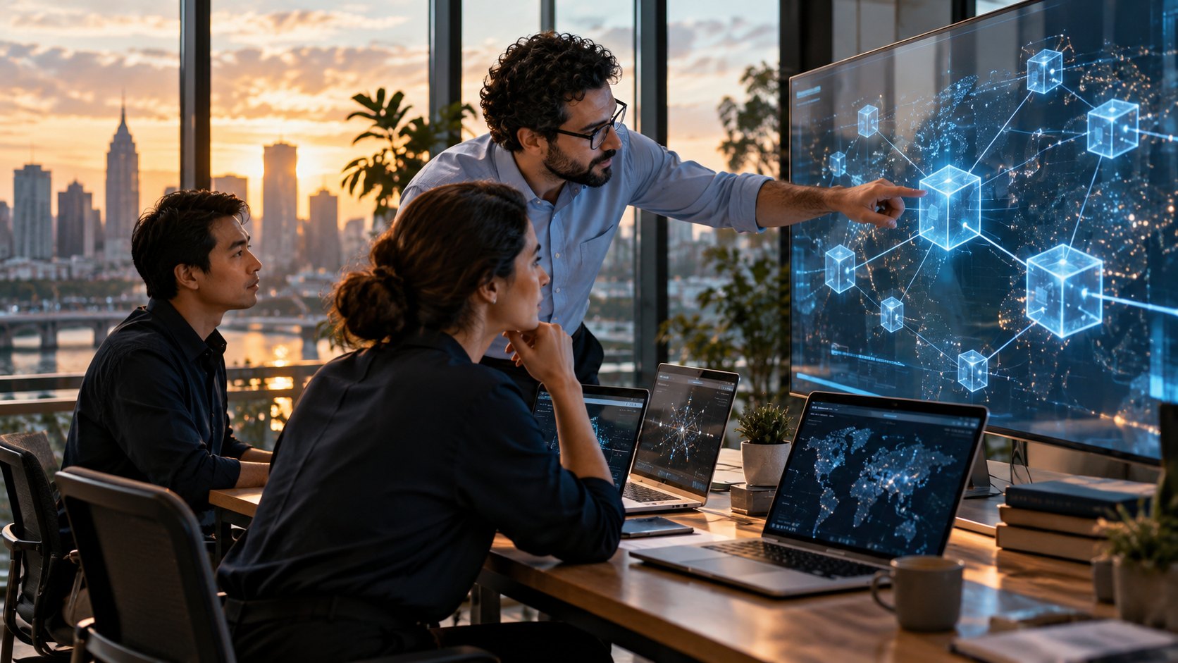 Man touching a screen of linked blue cubes while three seated colleagues watch, city at sunset