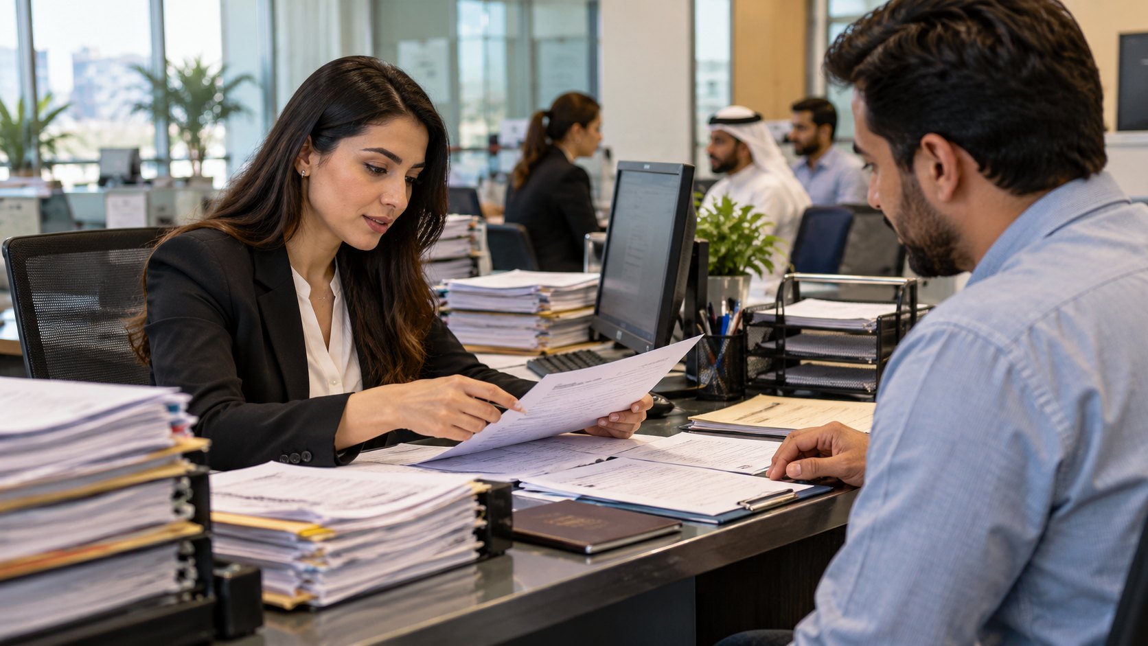 Woman in a blazer reading a document to a man across a desk piled with files