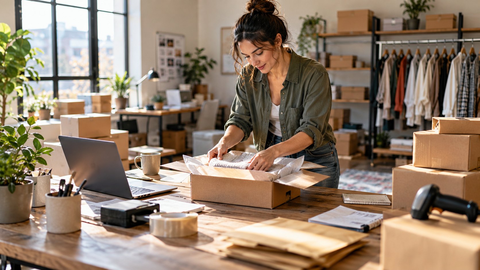 Woman wrapping an item into a cardboard box at a wooden table, laptop and clothing rail