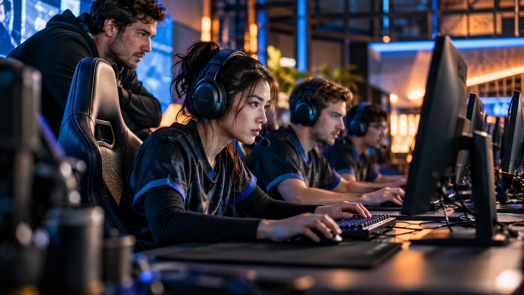 Row of headset-wearing players at keyboards under blue light, a man standing behind watching them