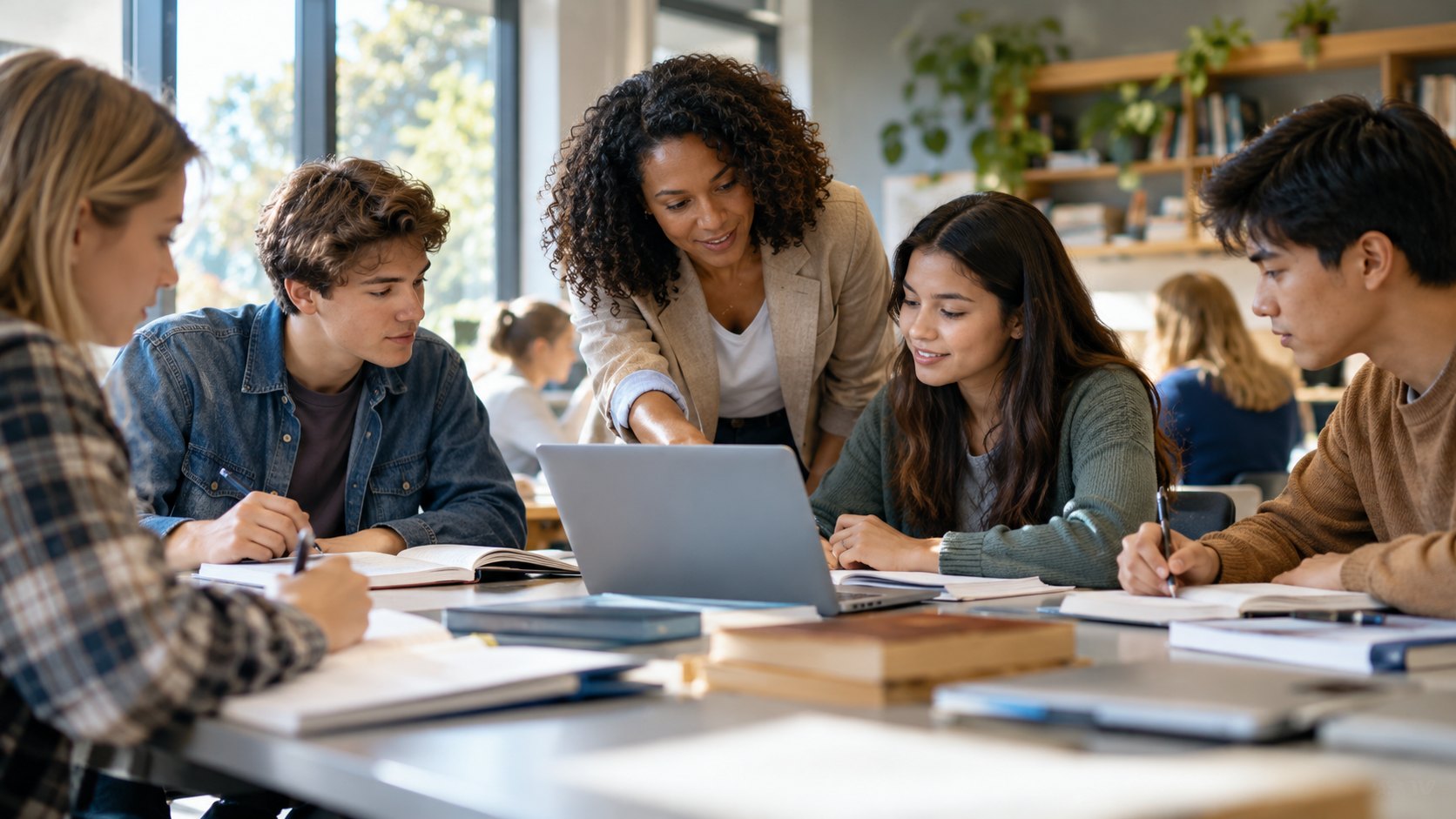Woman with curly hair points at a laptop as four students lean in around it