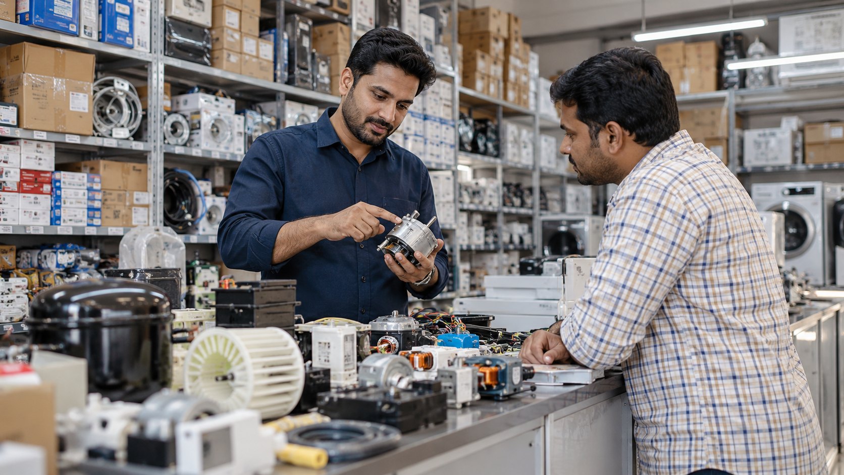 Two men examine a small motor at a metal counter, fans and compressors spread nearby