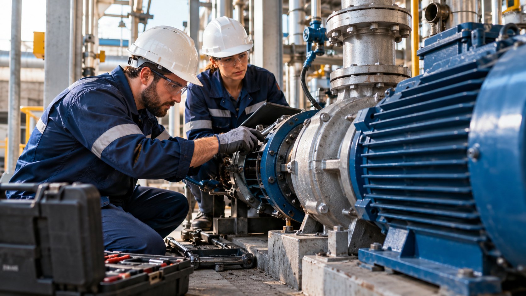 Two kneeling workers inspect a blue motor coupling, open toolbox on the concrete beside them