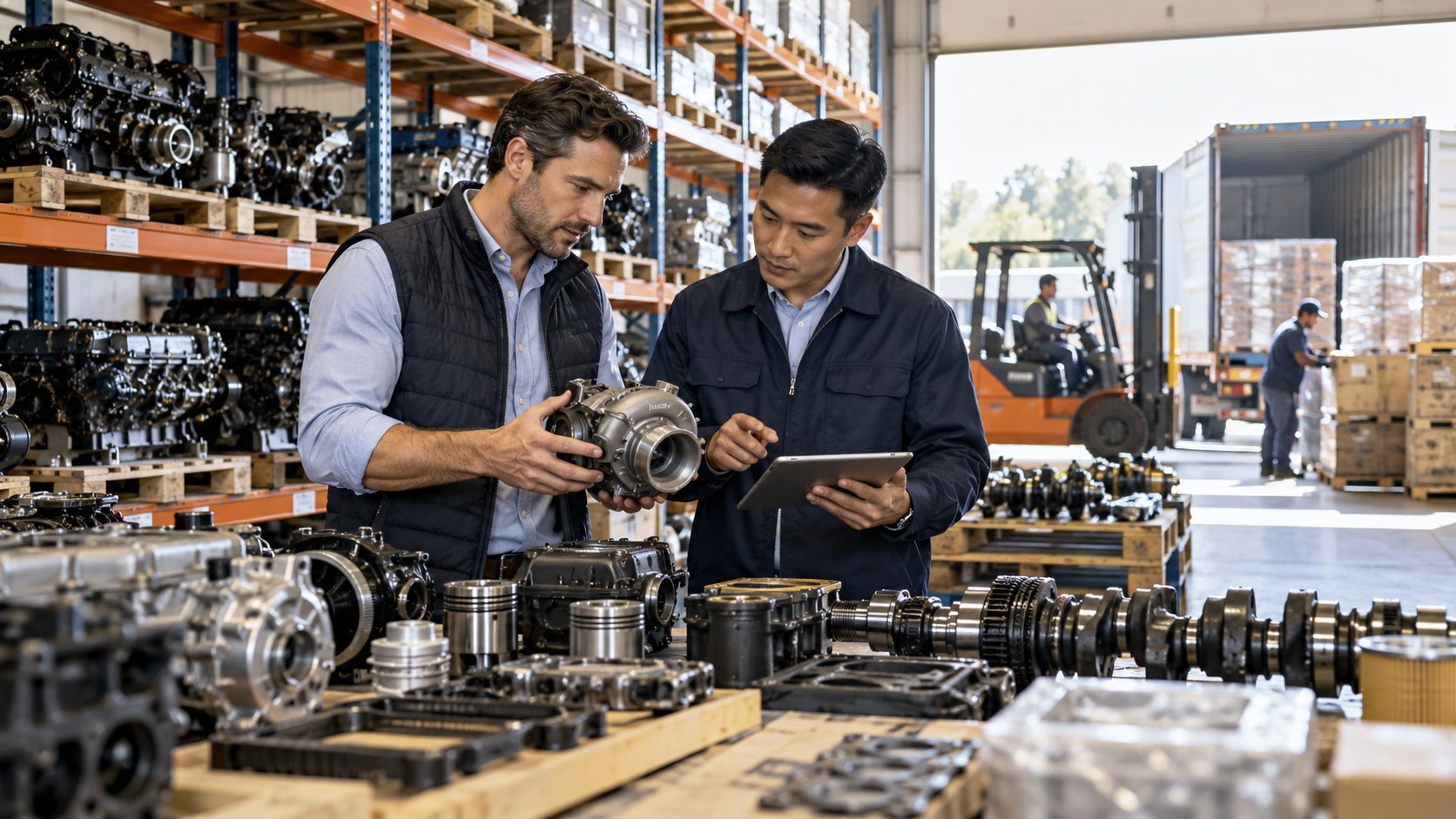 Two men inspect a metal component over a bench of crankshafts, forklift and truck behind