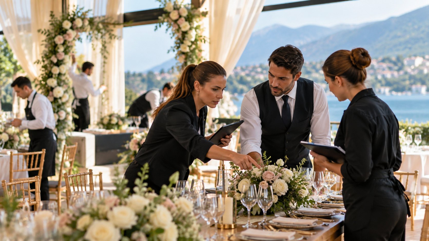 Woman adjusts a floral centrepiece on a laid table while two colleagues watch, lake behind