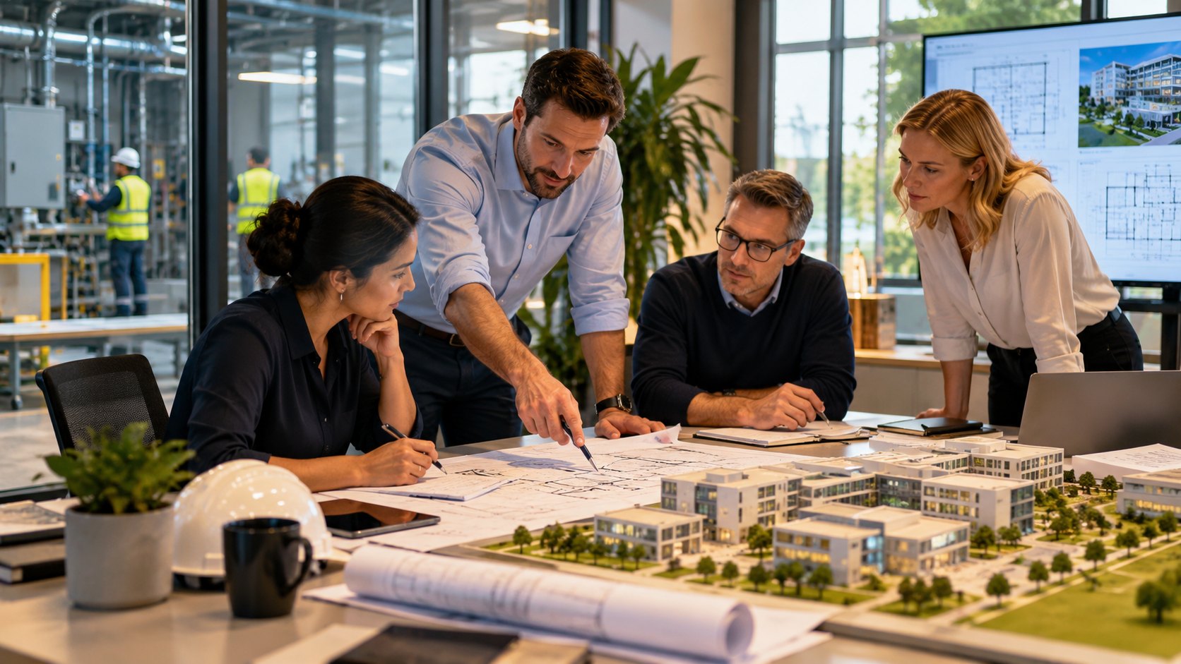 Four colleagues study a white site model and drawings, hard hat resting on the table