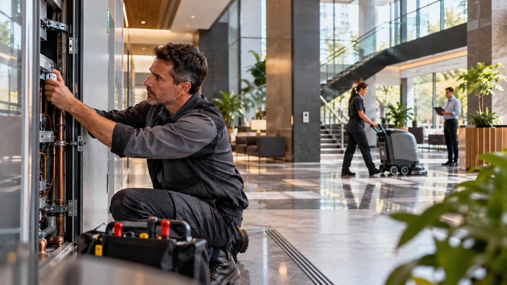 Man kneels at an open service panel with tools laid out, lobby cleaner behind him