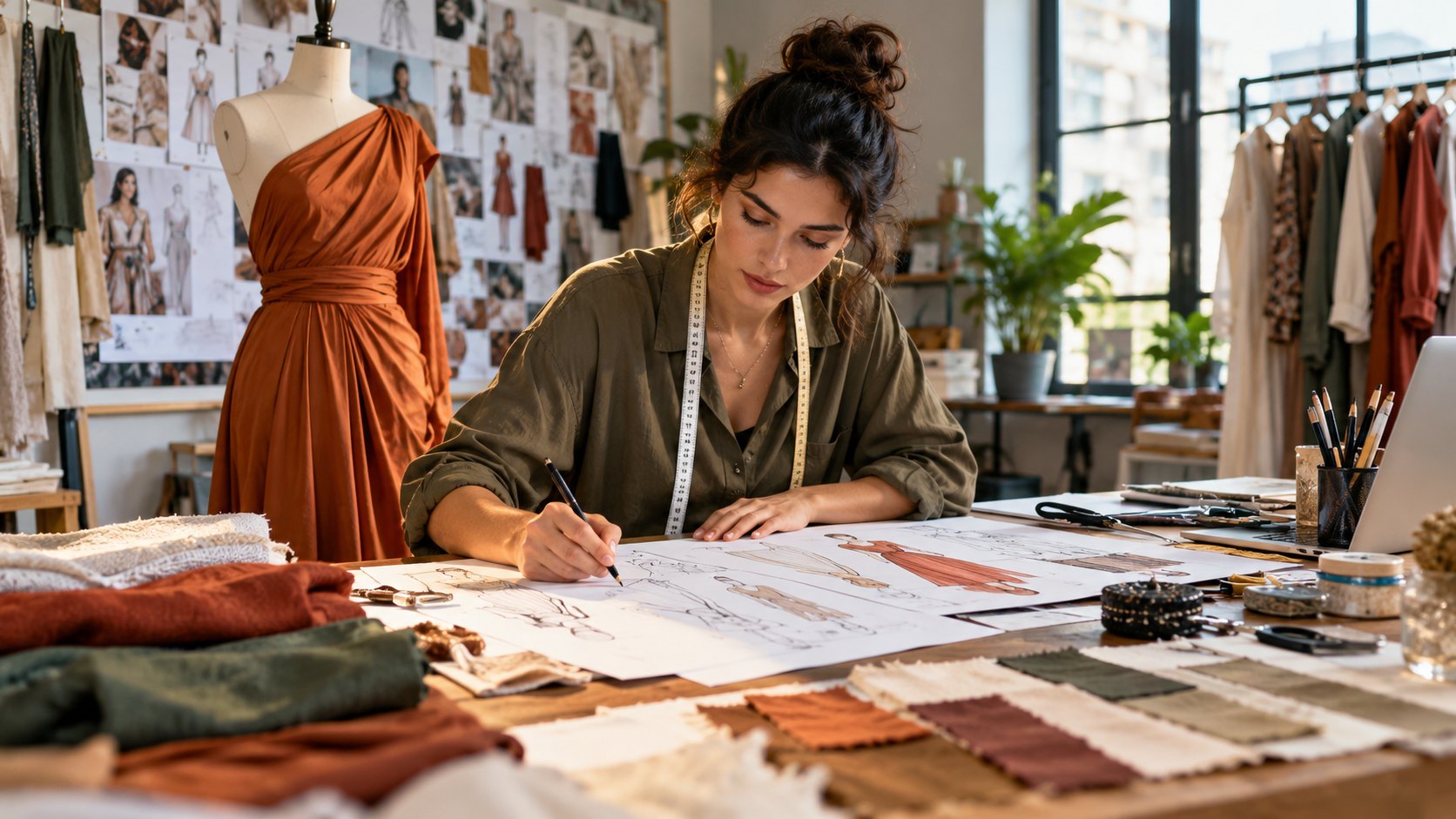 Woman with a tape measure sketches among fabric swatches, draped rust-coloured dress form behind her