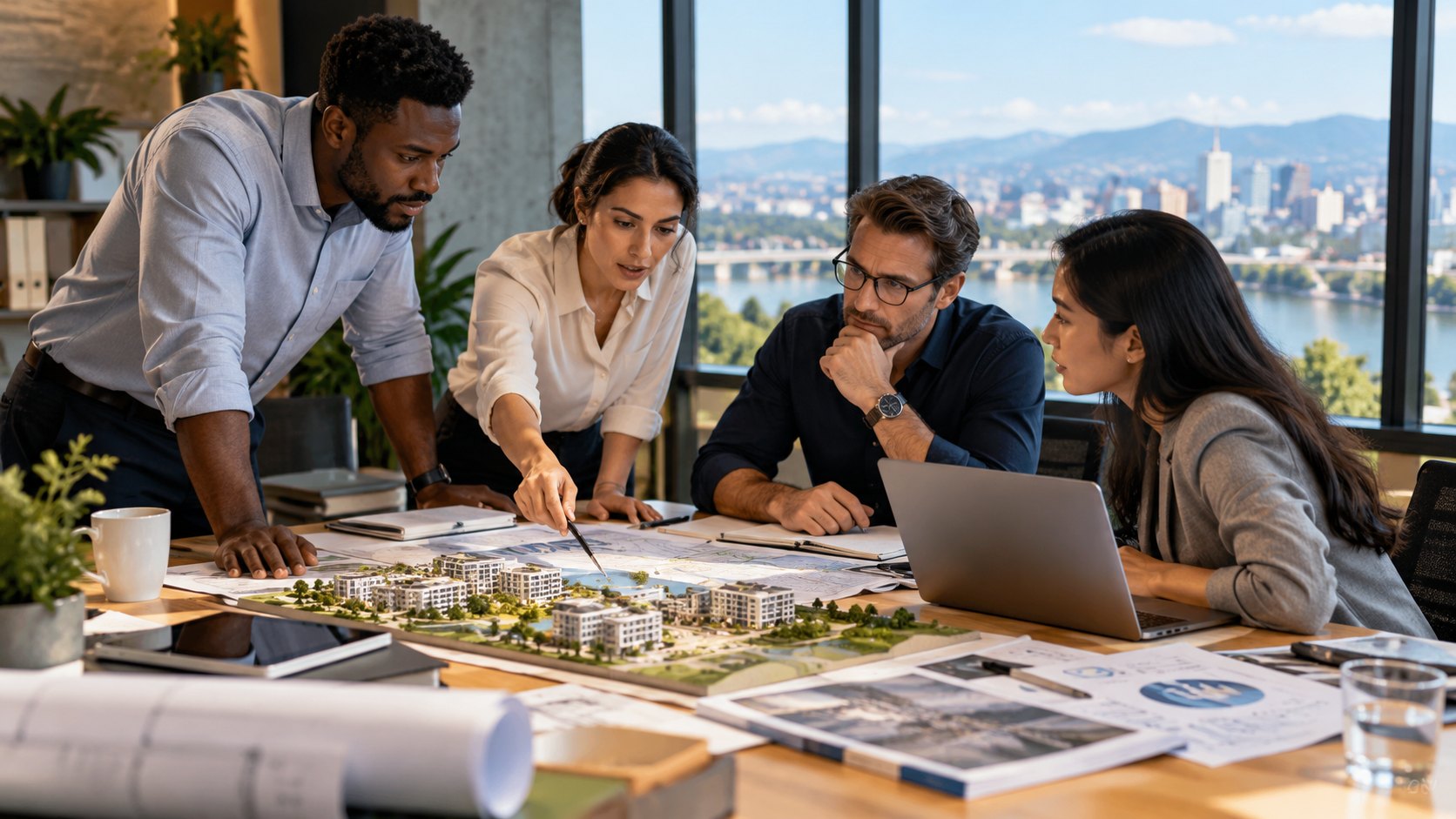 Four colleagues lean over a white site model and printed sheets, lake and hills outside