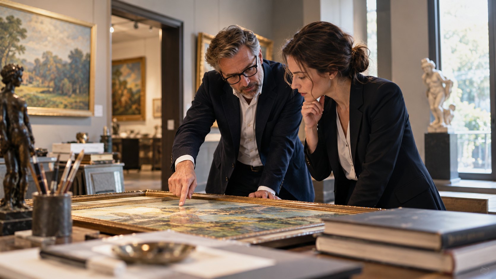 Man points at a painting laid flat in a gallery while a woman studies it
