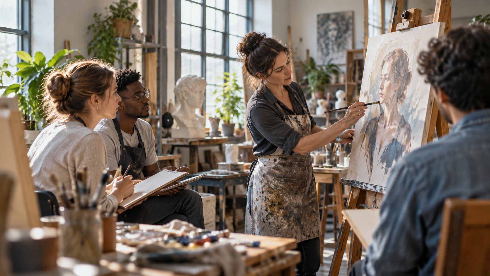 Woman paints a portrait at an easel as four seated people watch with sketchpads
