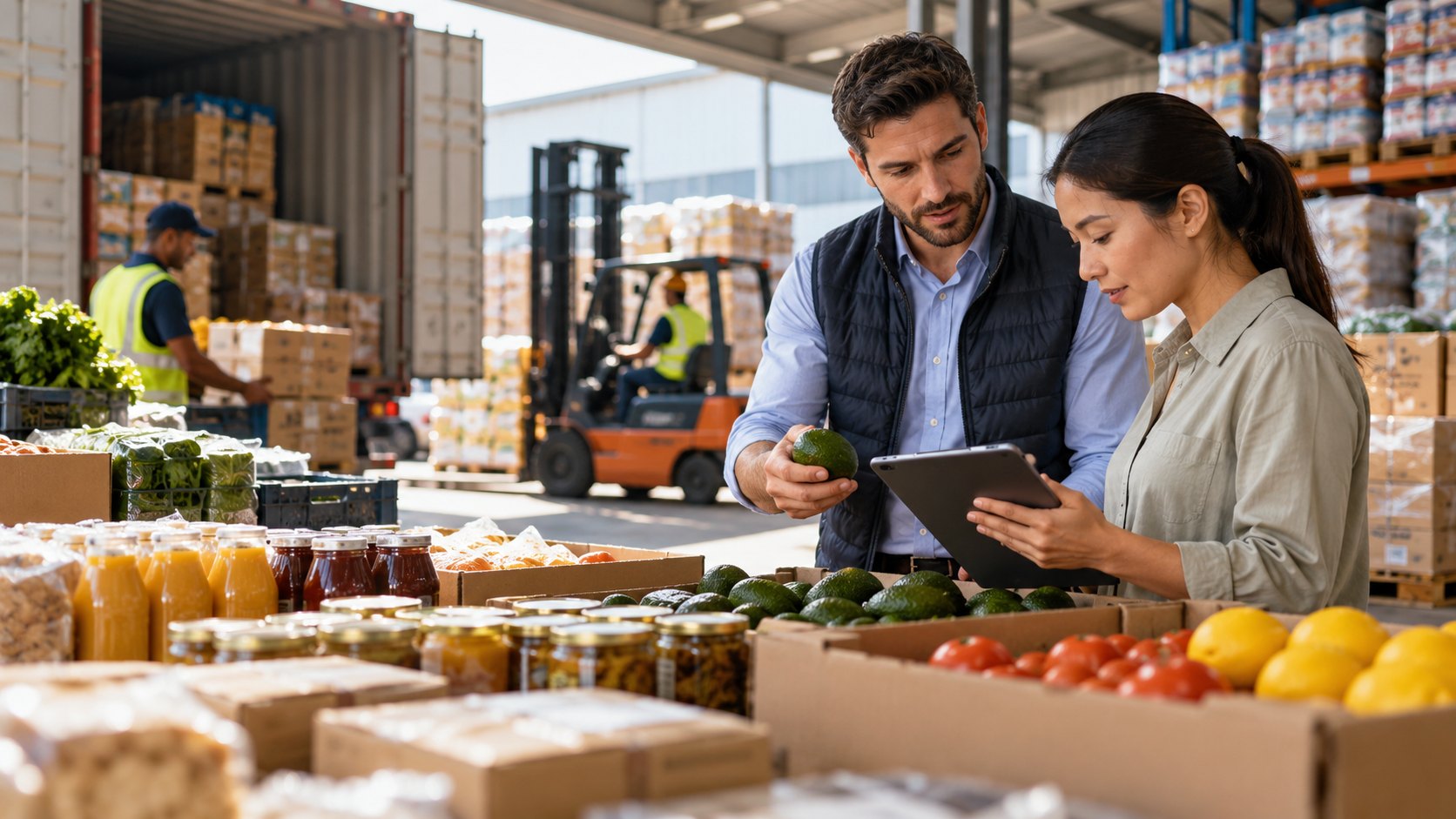 Man holds an avocado while a woman checks a tablet, produce crates and forklift behind