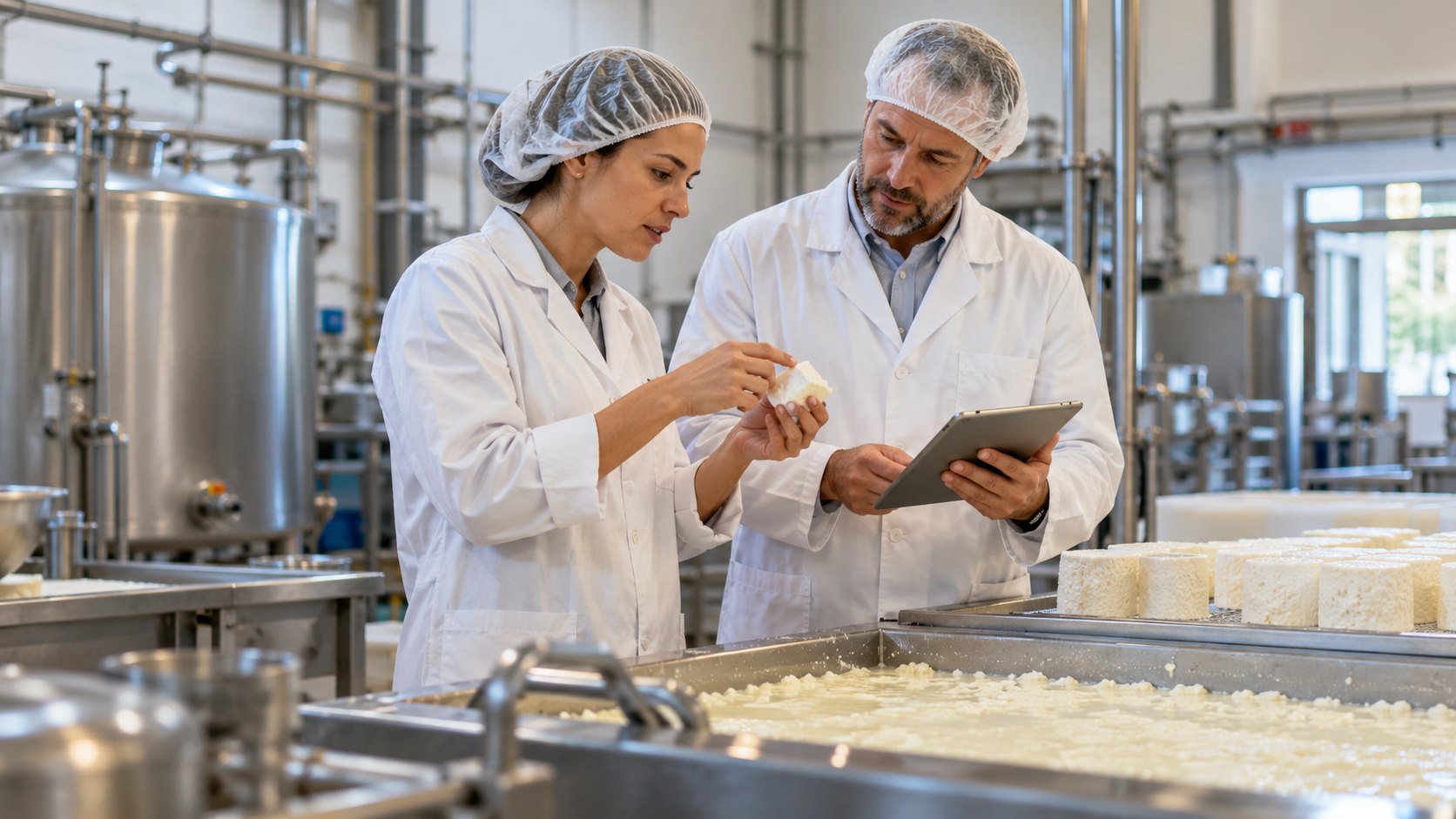 Woman in a hairnet holds a handful of curd beside a vat, man with tablet