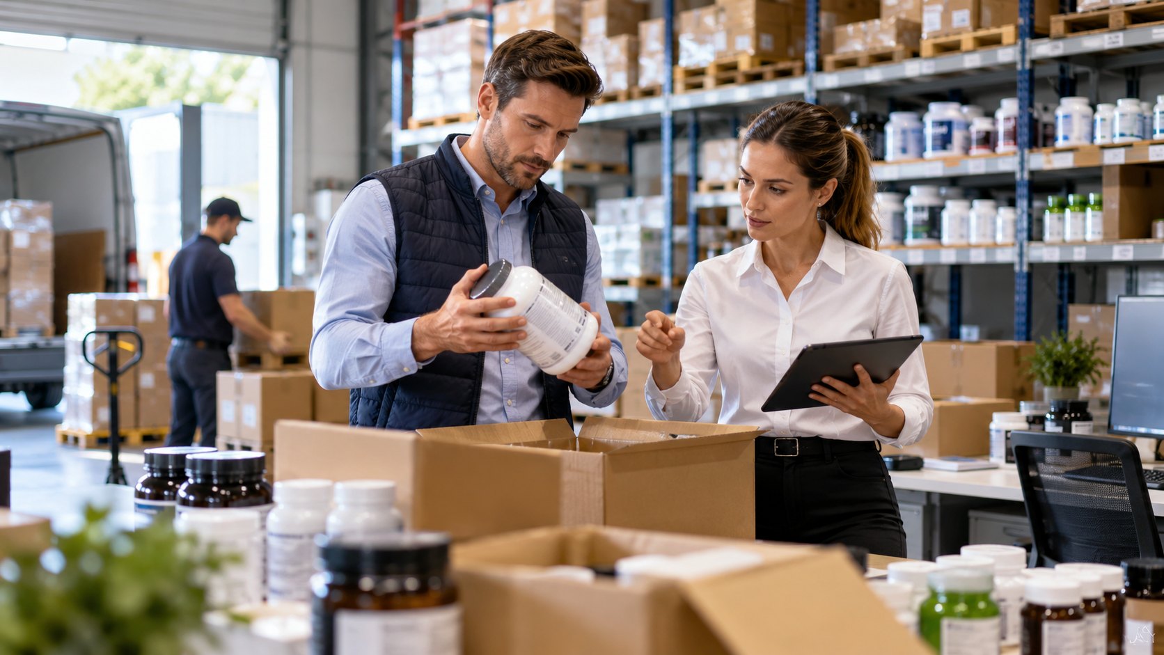 Man holds a tub of capsules as a woman checks a tablet beside open cartons