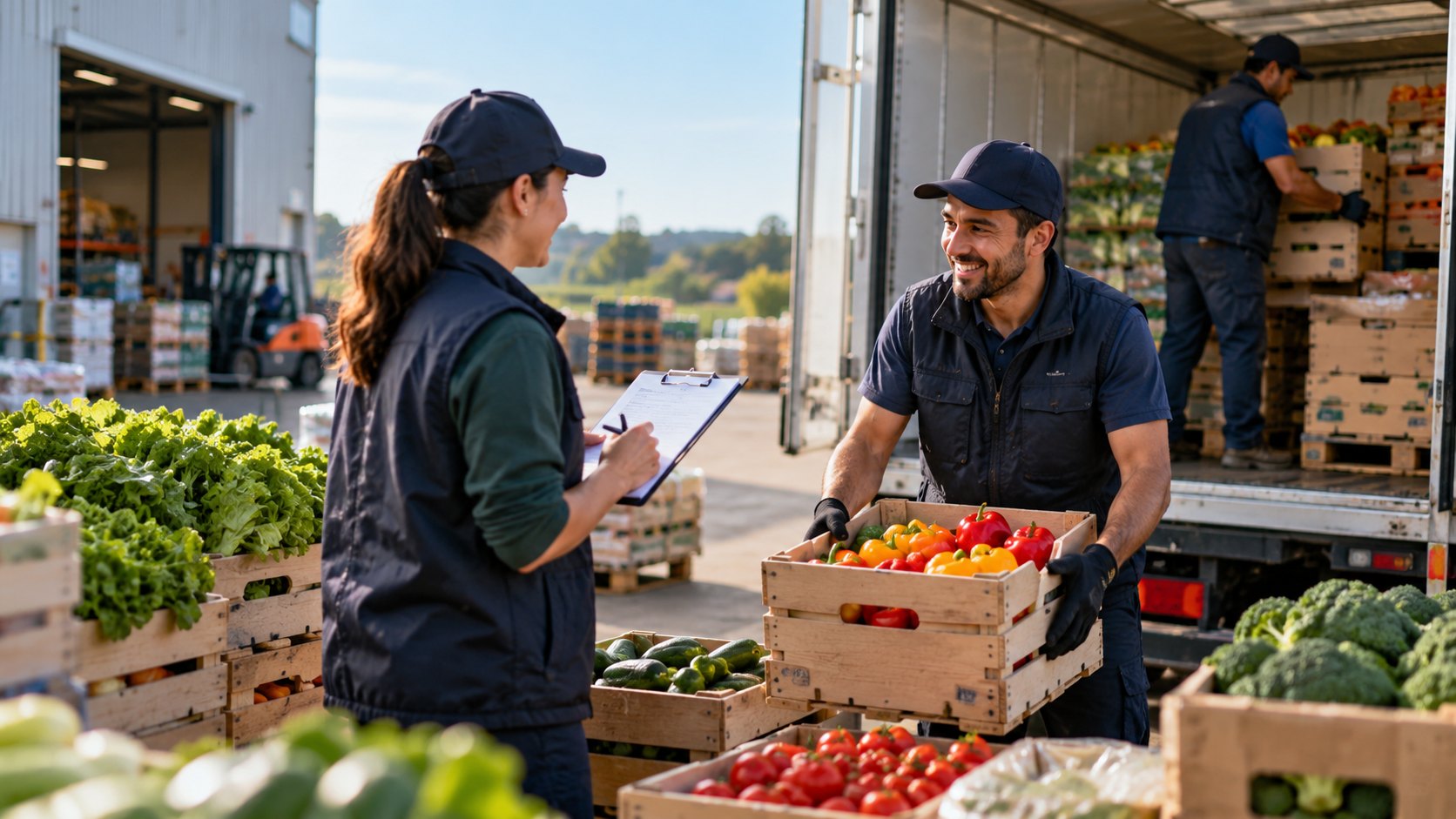 Woman with a clipboard speaks to a man carrying a crate of peppers and tomatoes