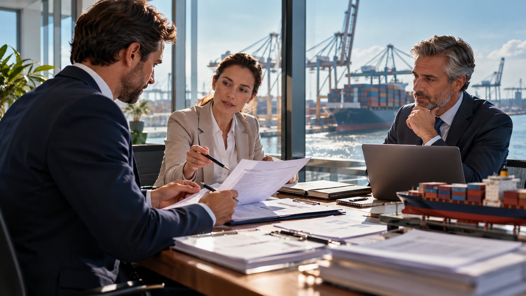 Three people reviewing papers at a boardroom table, port cranes and a ship model behind