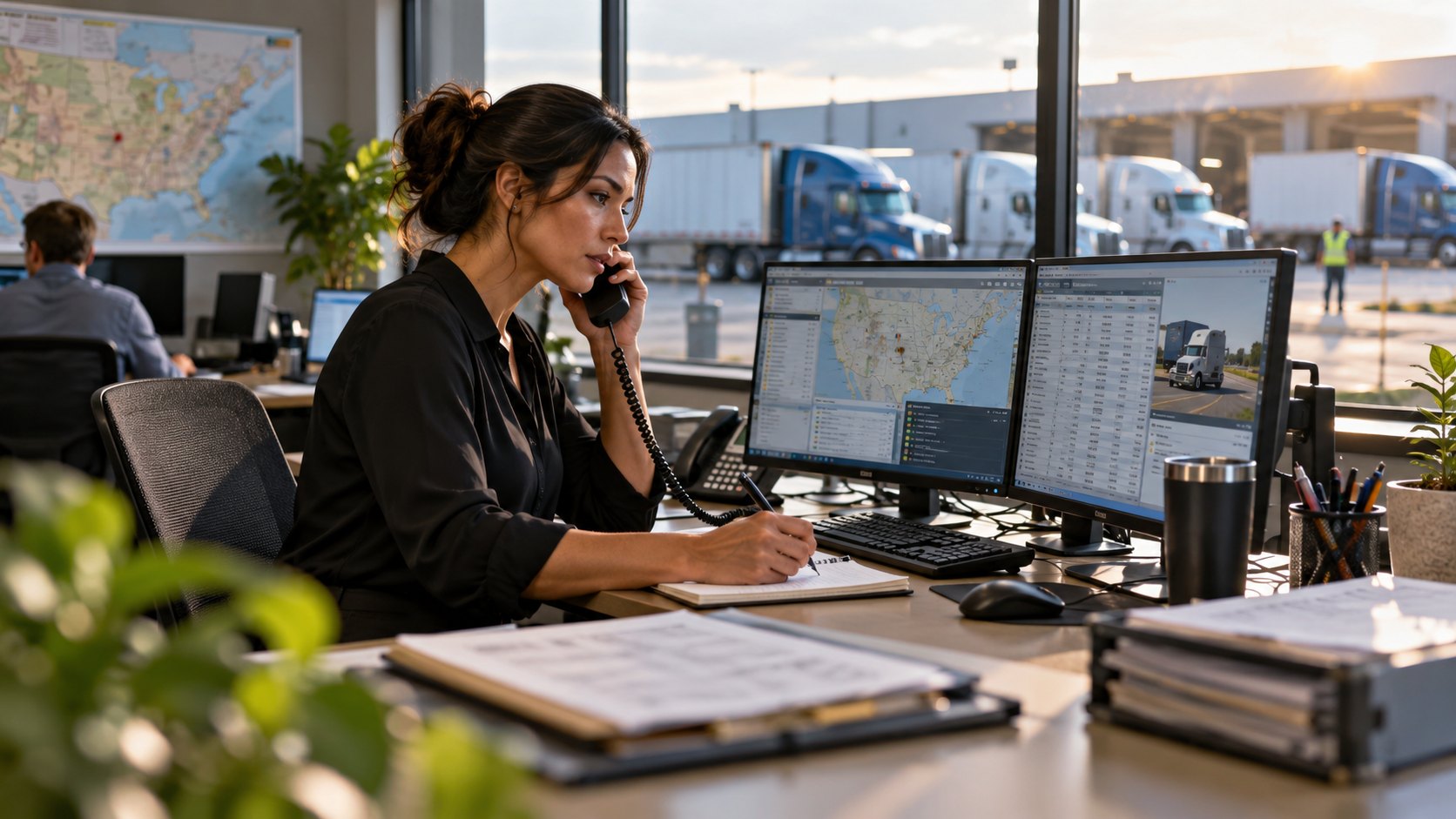 Woman on a landline at three monitors showing a map and spreadsheet, trucks parked outside