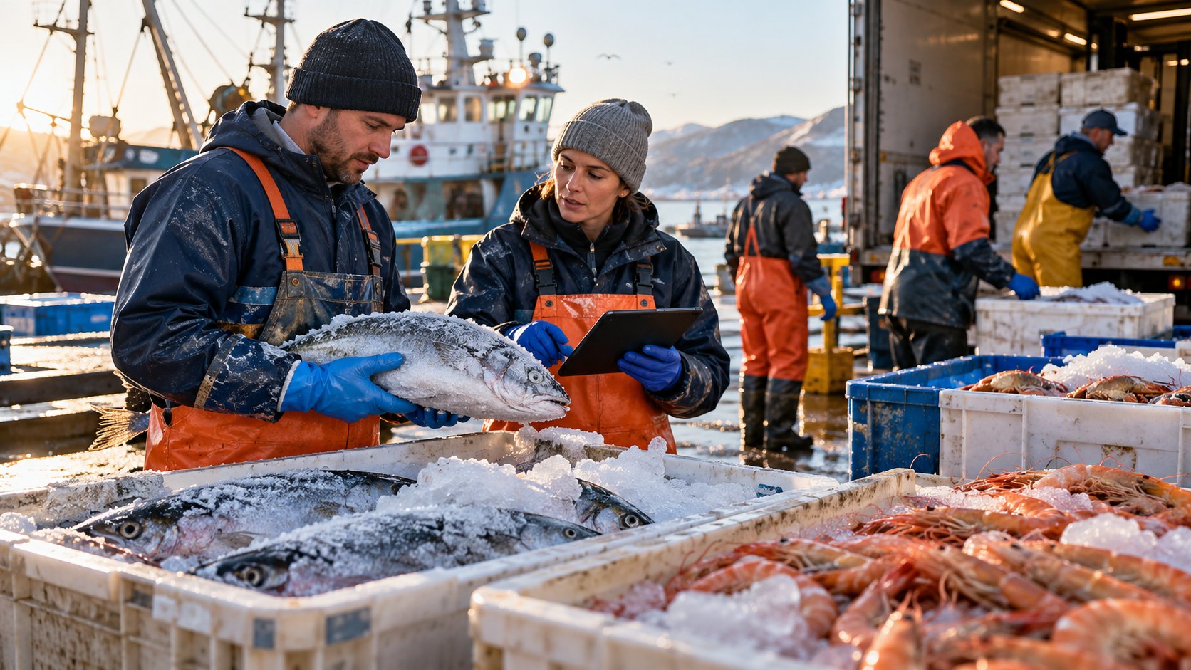 Man holds a whole fish while a woman records on a clipboard, iced crates around them