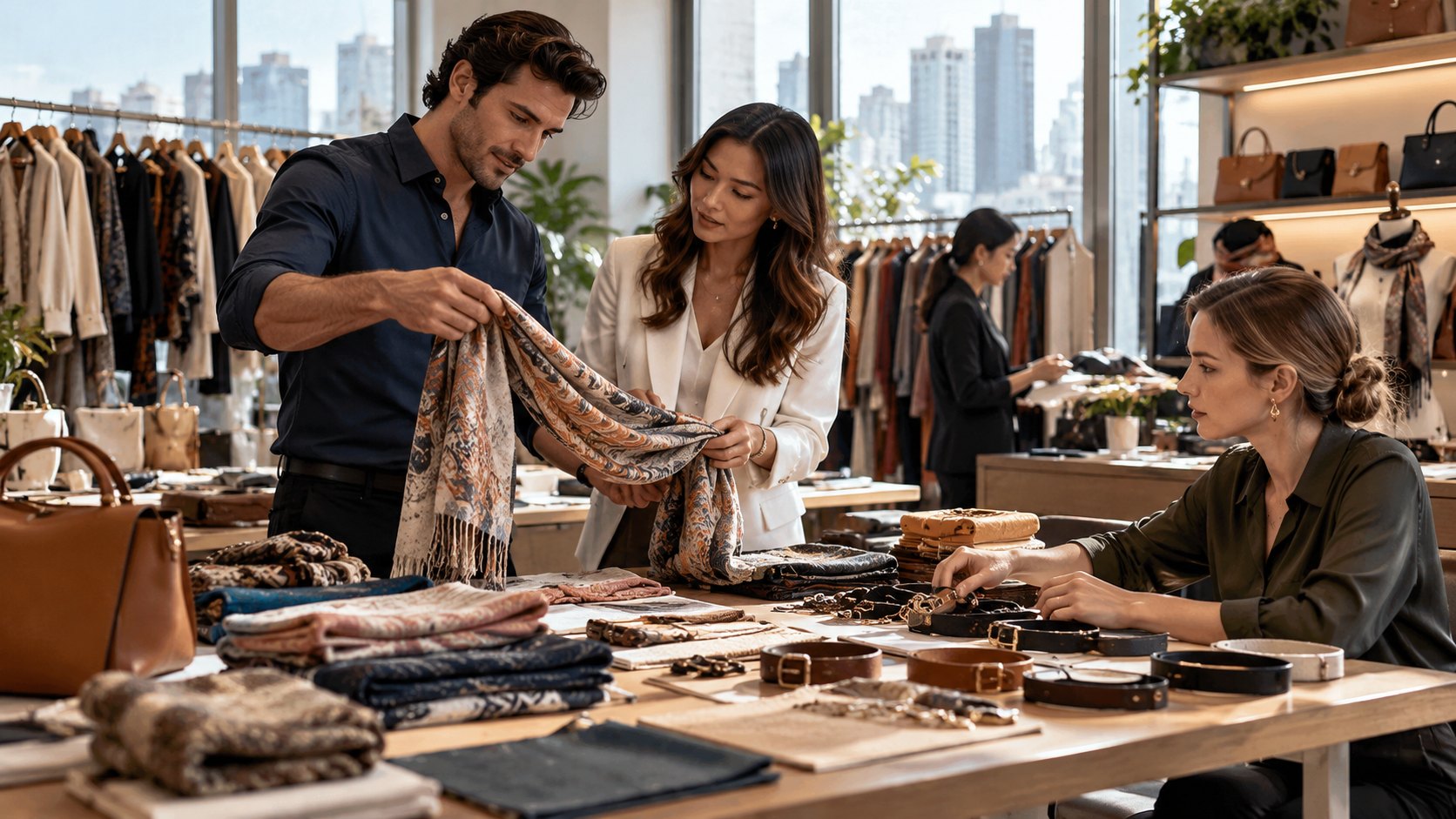 Man holds up a patterned scarf above folded textiles and belt trays, two women watching