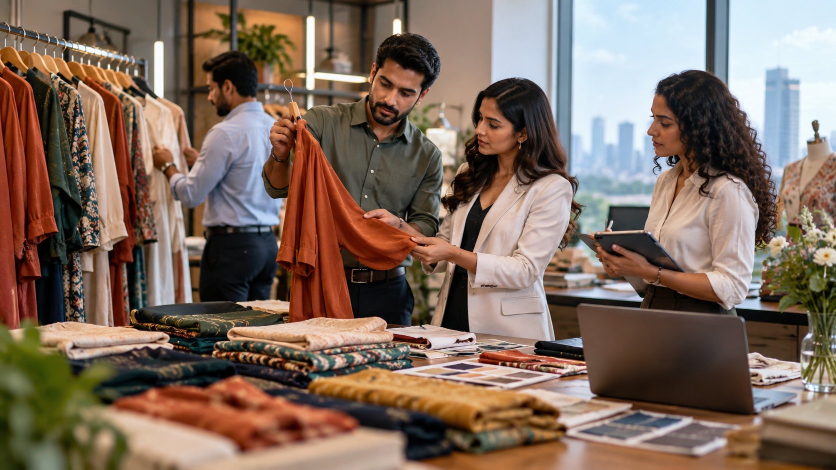Man holds up a rust knitted garment to two women, folded fabrics and swatch cards below