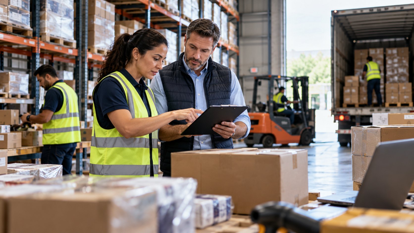 Woman with a clipboard and a man in a gilet beside stacked boxes, forklift behind them