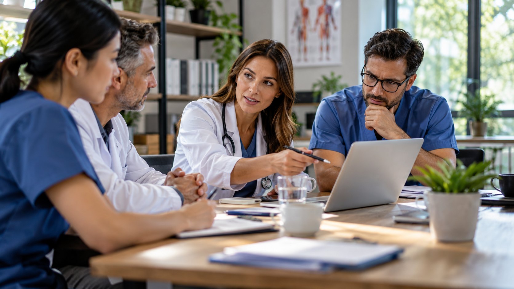 Woman in a white coat gestures with a pen to three colleagues, laptop and anatomy posters