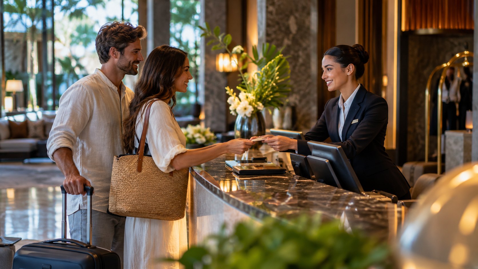 Smiling receptionist passes a card across a marble counter to a woman with a straw bag