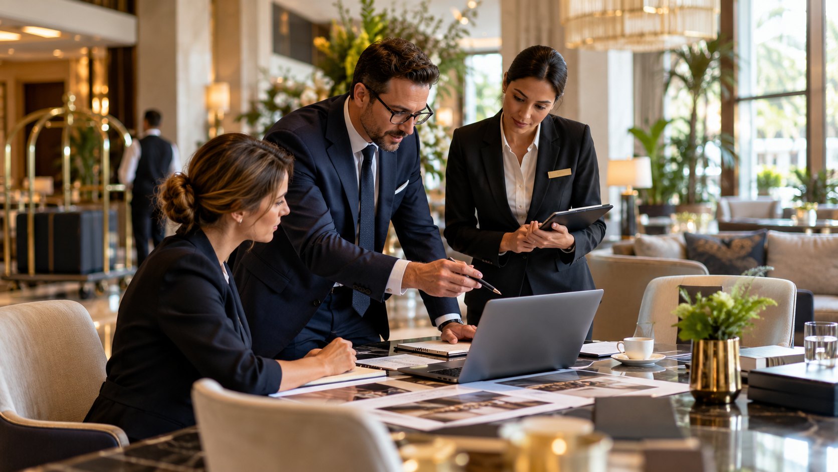 Man points at a laptop on a lounge table, a seated woman and hotel staffer watching