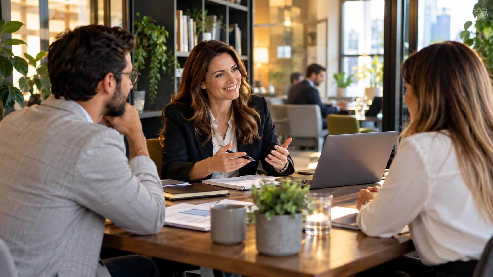 Woman gestures mid-conversation with two colleagues over notebooks, mugs and plants in a bright office